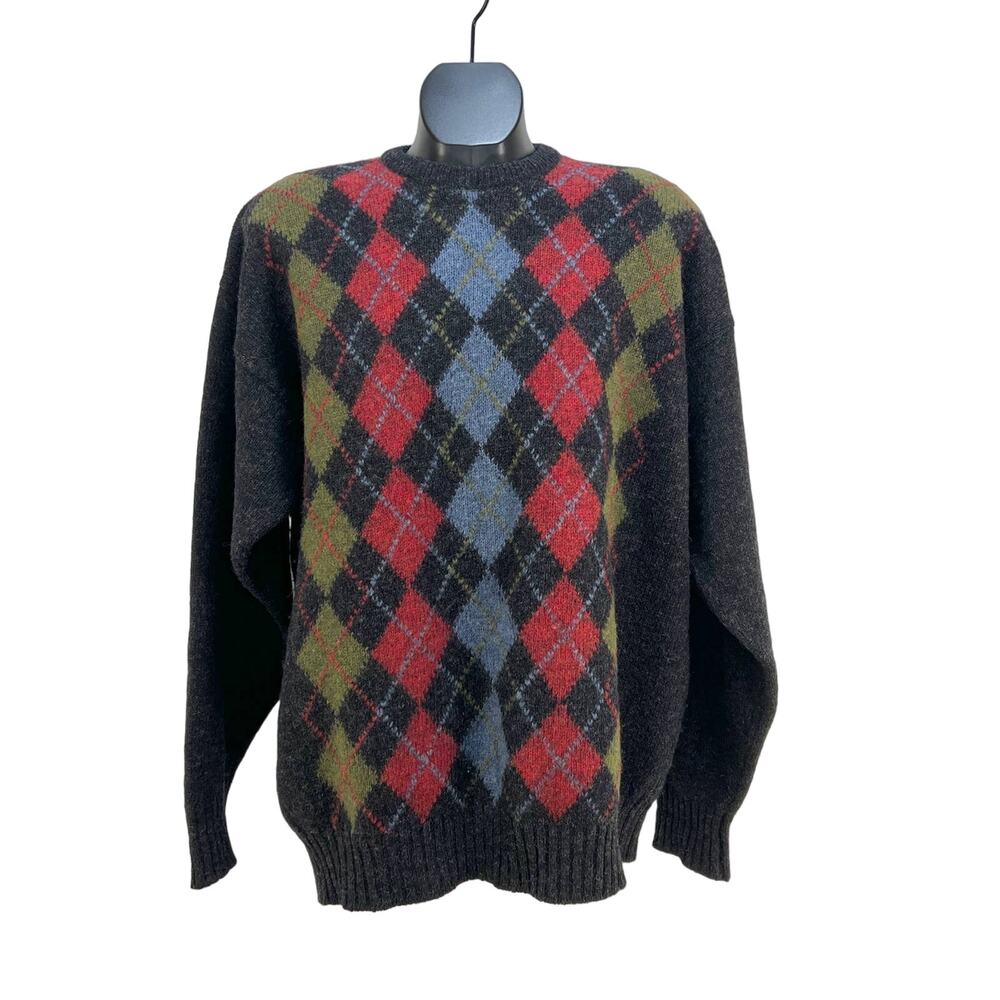 Lands' End Scottish Wool Argyle Crewneck Sweater Vintage Pullover Gray